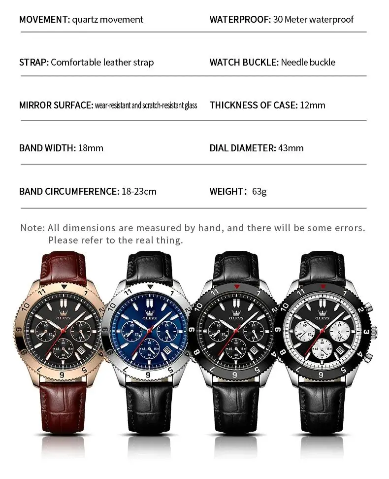 OLEVS TY711 Business Quartz Watch For Men 24 Hours Display Calendar Leather Wristwatch Chronograph Waterproof Luminous Man Watch