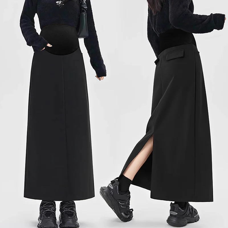 Spring Maternity Suit Skirt Back Split Ankle-length Pregnant Woman Straight Skirts with Pockets Black Pregnancy Long Skirt