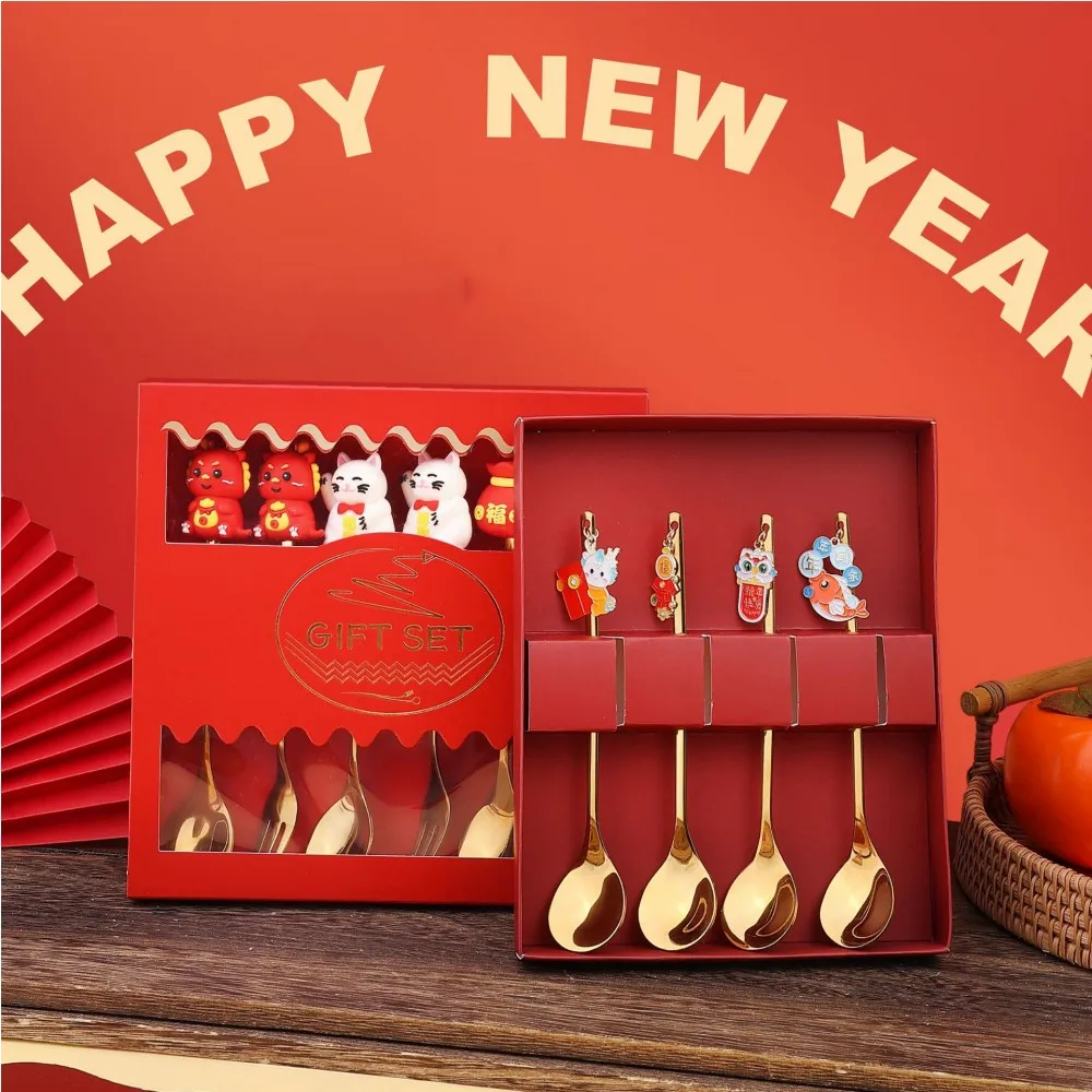 

Stainless Steel Coffee Spoon With Year Of The Dragon Festive Pendant Creative Spring Festival Gift Box Coffee Spoon Fruit Fork