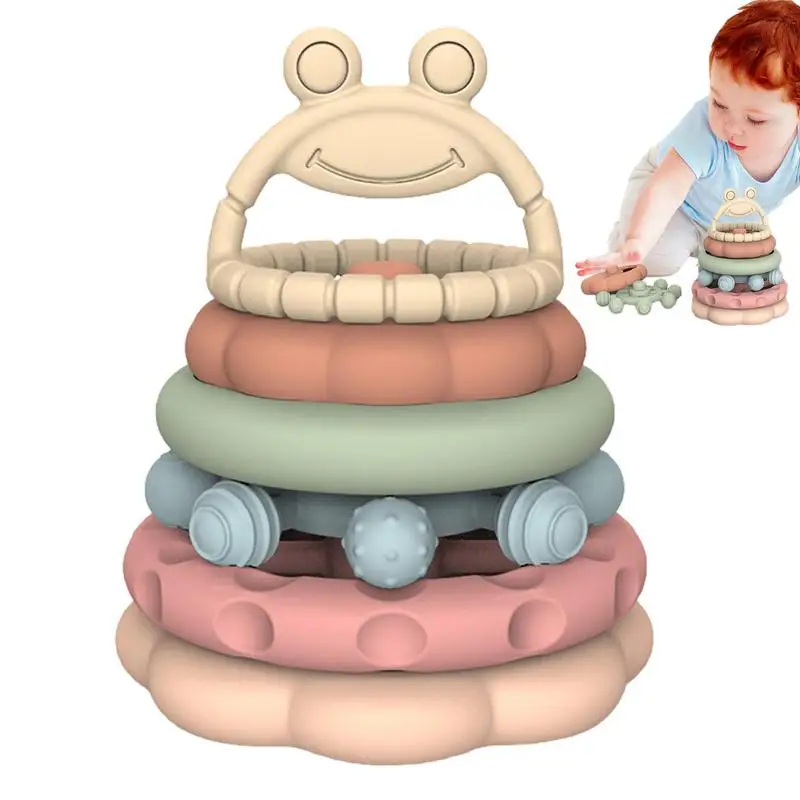 Teething Ring Cute Frog Silicone Teethers For Babies 6 PCS/Set Montessori Toys For Early Learning Educational Stacking Game