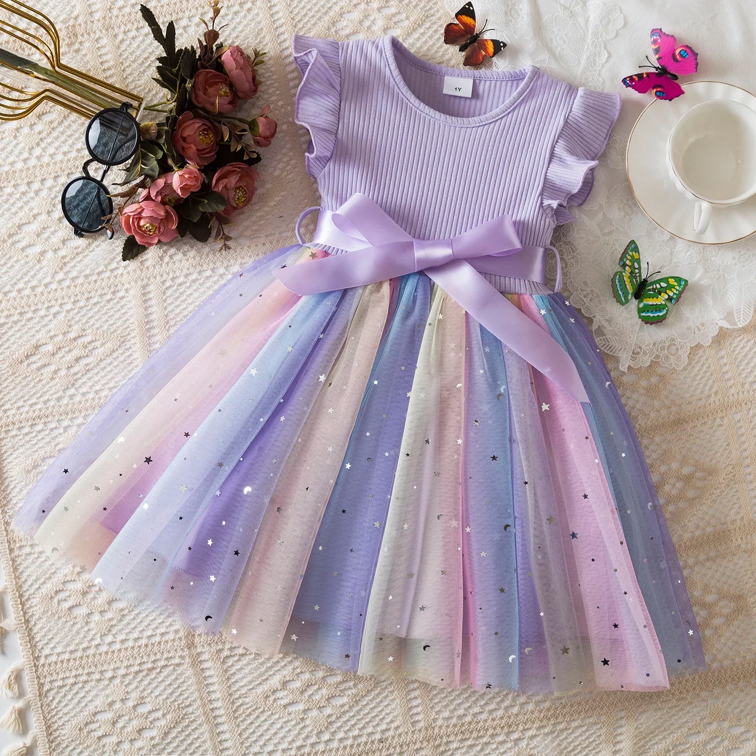 Girls Dress Sequins Rainbow Tulle Dress for 1-5Y Toddler Girls Birthday 2025 Summer Wear
