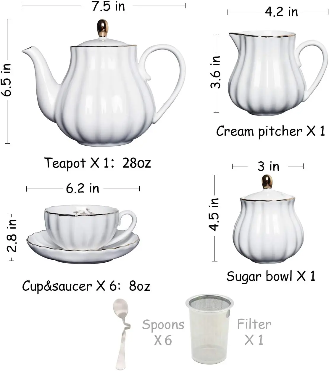 Porcelain Tea Sets British Royal Series, 8 OZ Cups& Saucer Service for 6, with Teapot Sugar Bowl Cream Pitcher Teaspoons