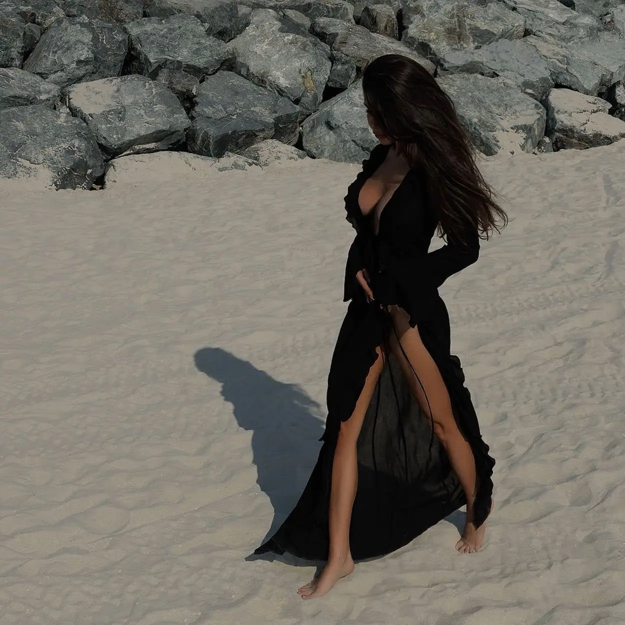 Ruffled Black White New Tunic Beach Cover Up Cover-ups Dress Chiffon Long Sleeve Sunscreen Beachwear Womens Clothing Sexy V Neck 1