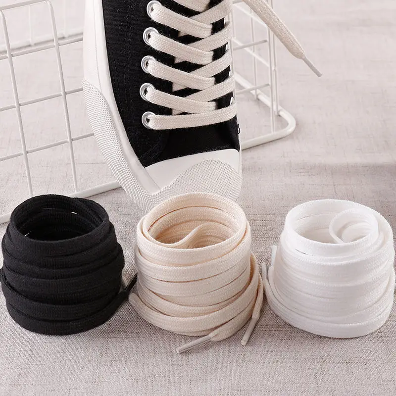 

Cotton flat shoelaces in black, white,beige are suitable for sports shoes, canvas shoes, basketball shoes, double layered ropes