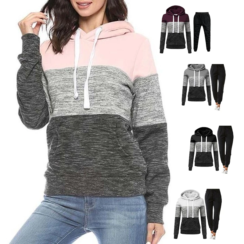 2023 Women's Fashion Tracksuit Tricolor Striped Hoodies and Jogger Pants Ladies Daily Casual Clothes
