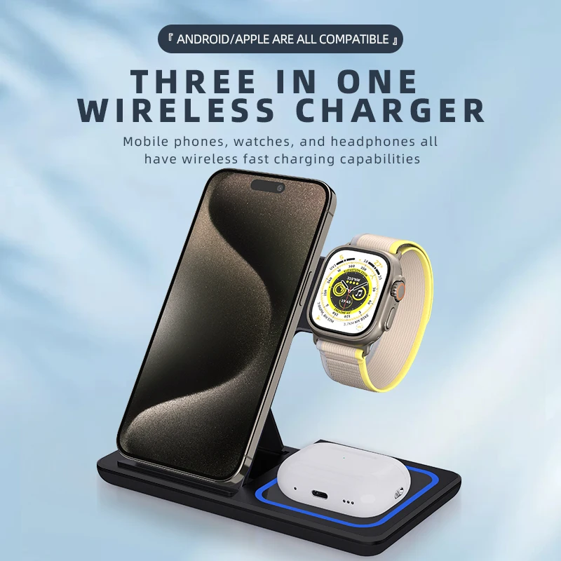 15W 3-in-1 Foldable Wireless Charger Suitable for Bluetooth Earphones, Smart Watches, Fast Charging