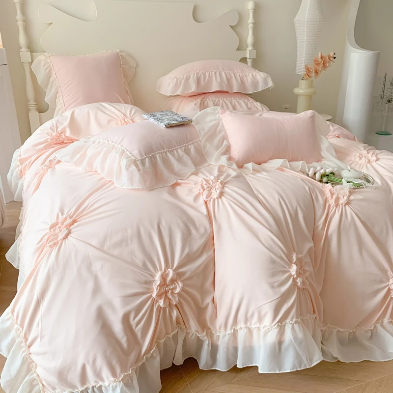 

Lace Ruffles Princess Wedding Bedding Set, Queen Size, Hand-Made, Pleat, Pearl, Duvet Cover, Bedclothes, Sheet, Pillowcases