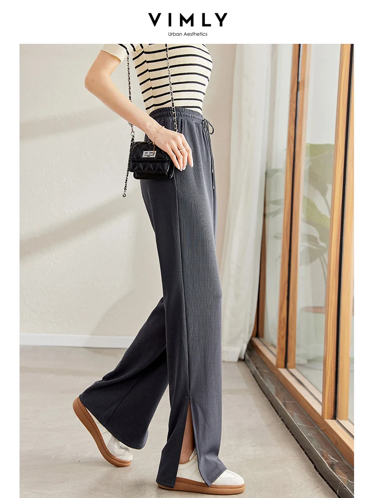 Vimly Women's Slit Straight Wide Pants 2023 Summer Casual Trousers Solid Strech Thin Loose Elastic Drawstring High Waist Pants