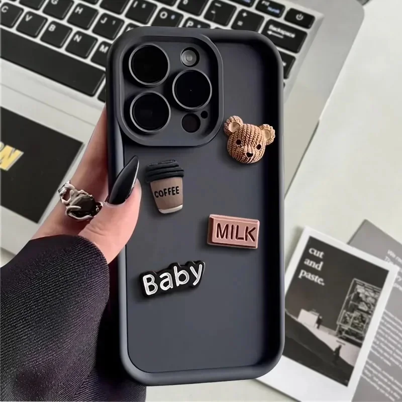Charming 3D Bear Cartoon Coffee Phone Case – Soft Shockproof Cover