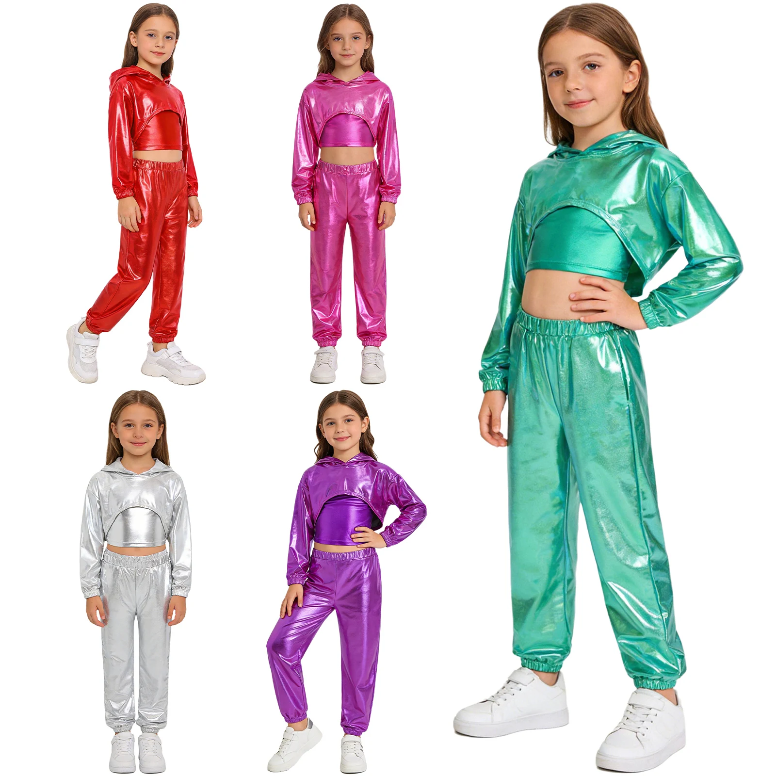 Hip-Hop-Jazz-Tanzkostüm für Kinder und Mädchen, langärmliger, metallisch glänzender, verkürzter Kapuzenpullover mit Spaghettiträgern, Camisole und glänzenden Hosen – Detail 2