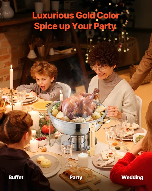 VEVOR Scaldavivande per Buffet con 4 Padelle, Distributore di Calore Rotondo per Ristorazione con Coperchio, Porta Carburante e Vaschetta per l'Acqua per Matrimoni, Feste, Dorato 4,7 L 2