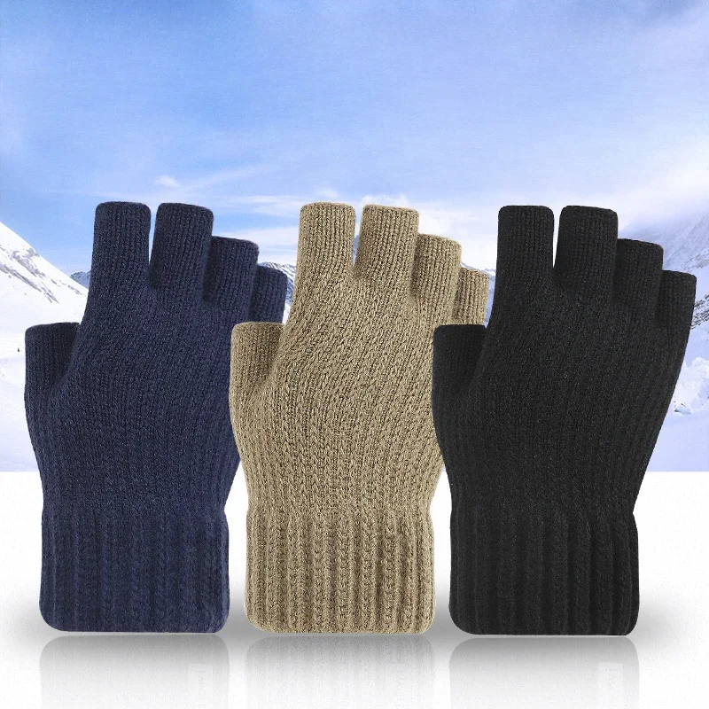 WinterKnittedGlovesWomenMenHalfFingerShortThickWarmMittens