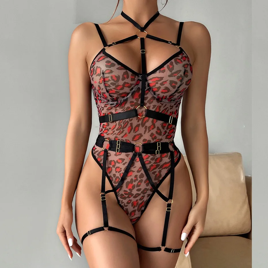 JSY Sexy Lingerie For Ladies Lace Bodysuit Leopard Underwear Open Crotch Teddy Halter Transparent Erotic Lingerie Porno Costumes