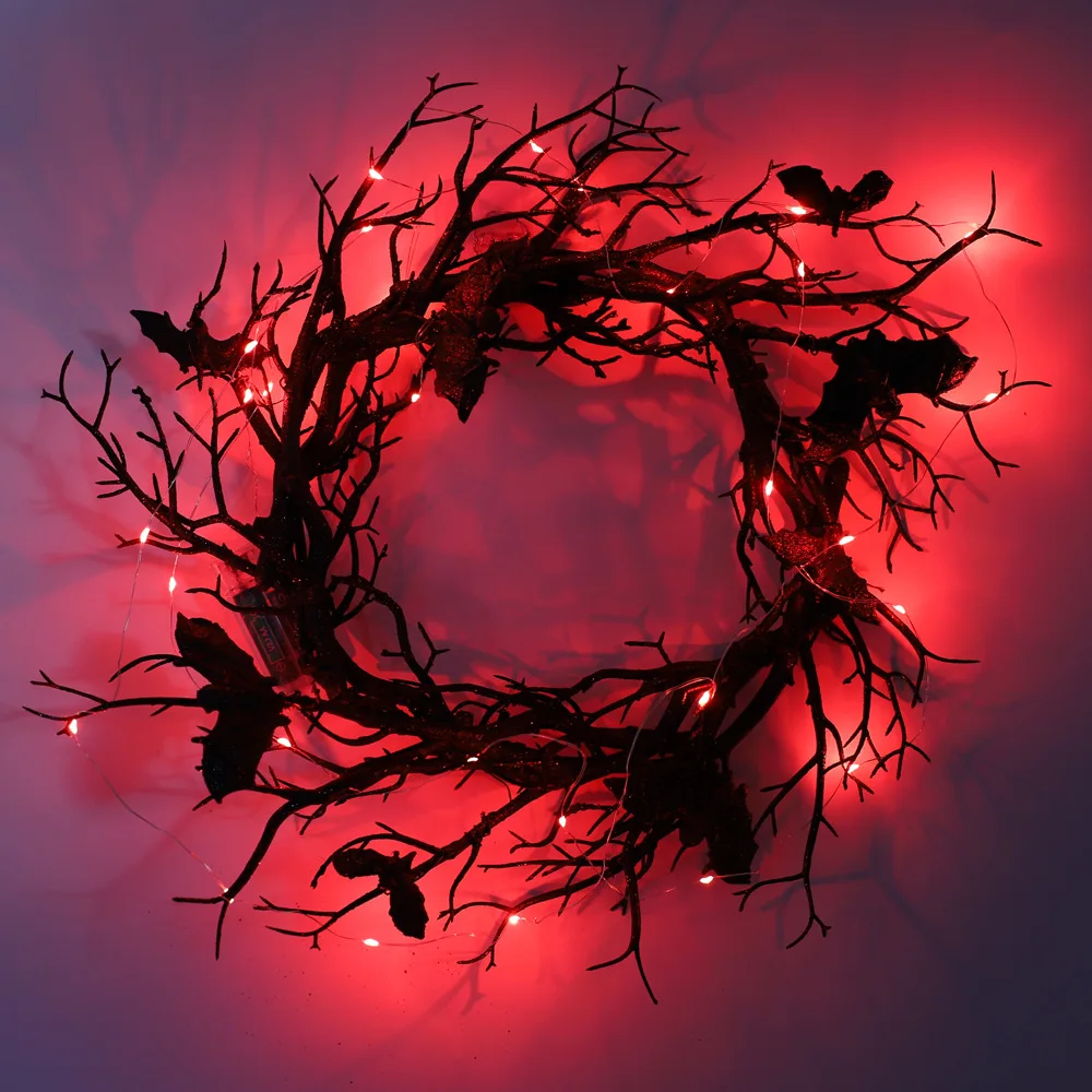 Bat Black Branch Halloween Wreath with LED Light 2 | Bat Black Branch Halloween Wreath with LED Light 2