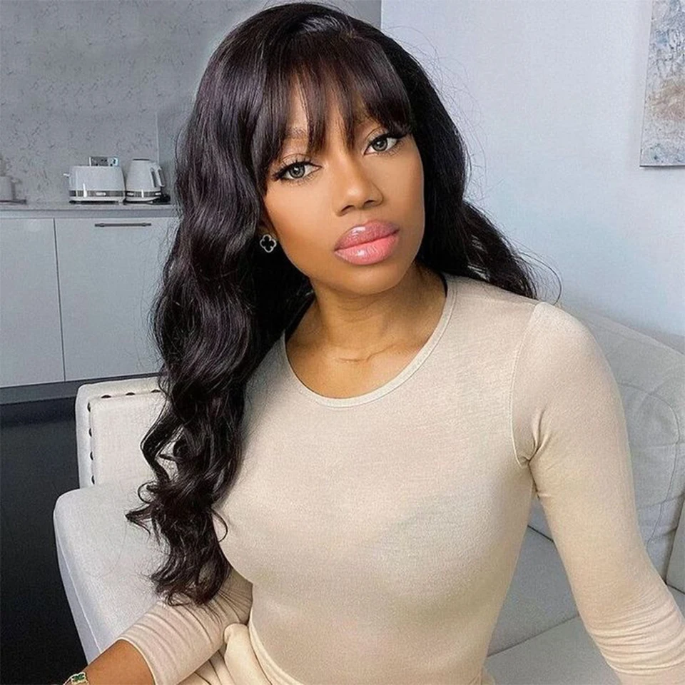 여성용 세련된 인모 가발, 금발 가발, 핑크 레미 브라질리언 헤어 가발, 바디 웨이브 컬러 인모 가발, 앞머리 있는 짧은 가발