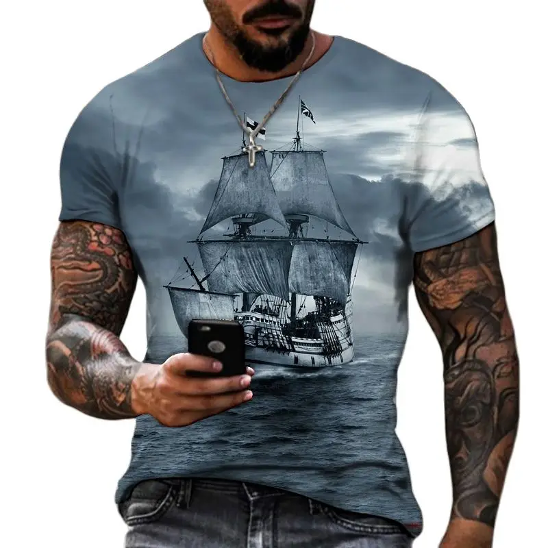 

3D printing pirate ship men's T-shirt round neck short sleeve T-shirt men's oversized T-shirt shirt origin factory
