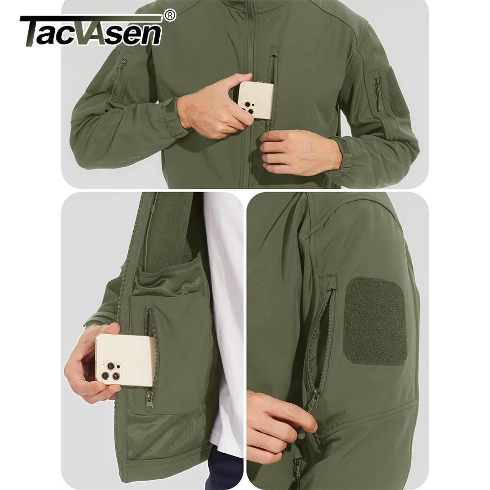 TACVASEN 남성용 방수 양털 안감 재킷, 지퍼 포켓 포함, 야외 소프트쉘 후드 하이킹 작업 재킷, 코트 바람막이