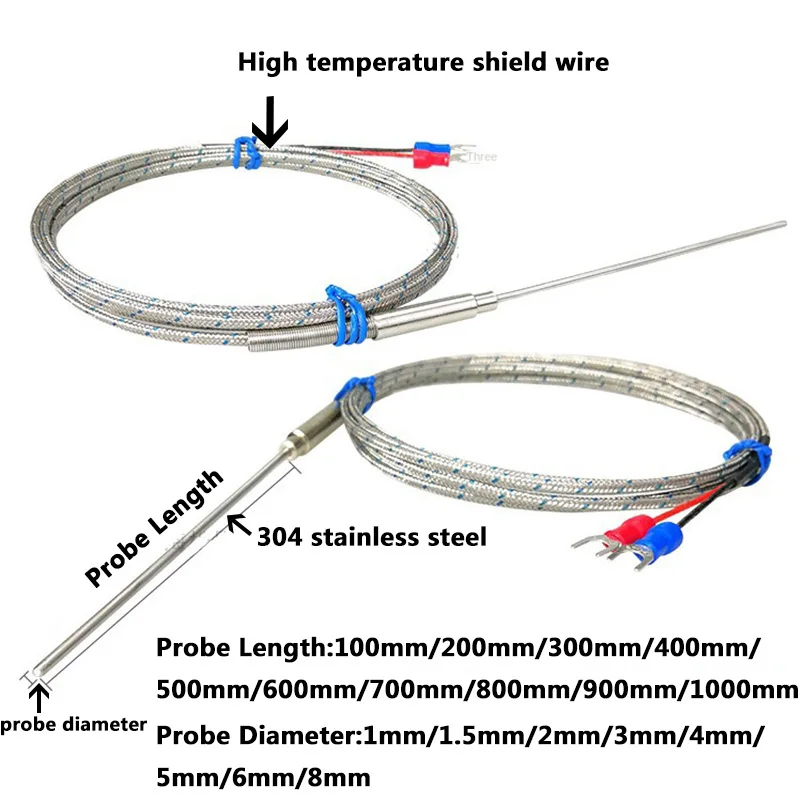 유연한 벤딩 프로브, 1100 도 PT100/K 타입 비접지 컨트롤러, 피복 열전대 온도 센서, 1mm, 2mm, 3mm, 5mm