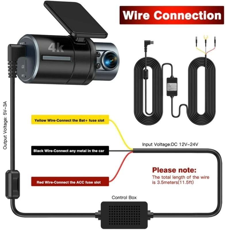 A2BF Car Type C Dashcam Hard Wire Converts 12V 24V to 5V/3A with Advanced Low for Full Time Monitoring