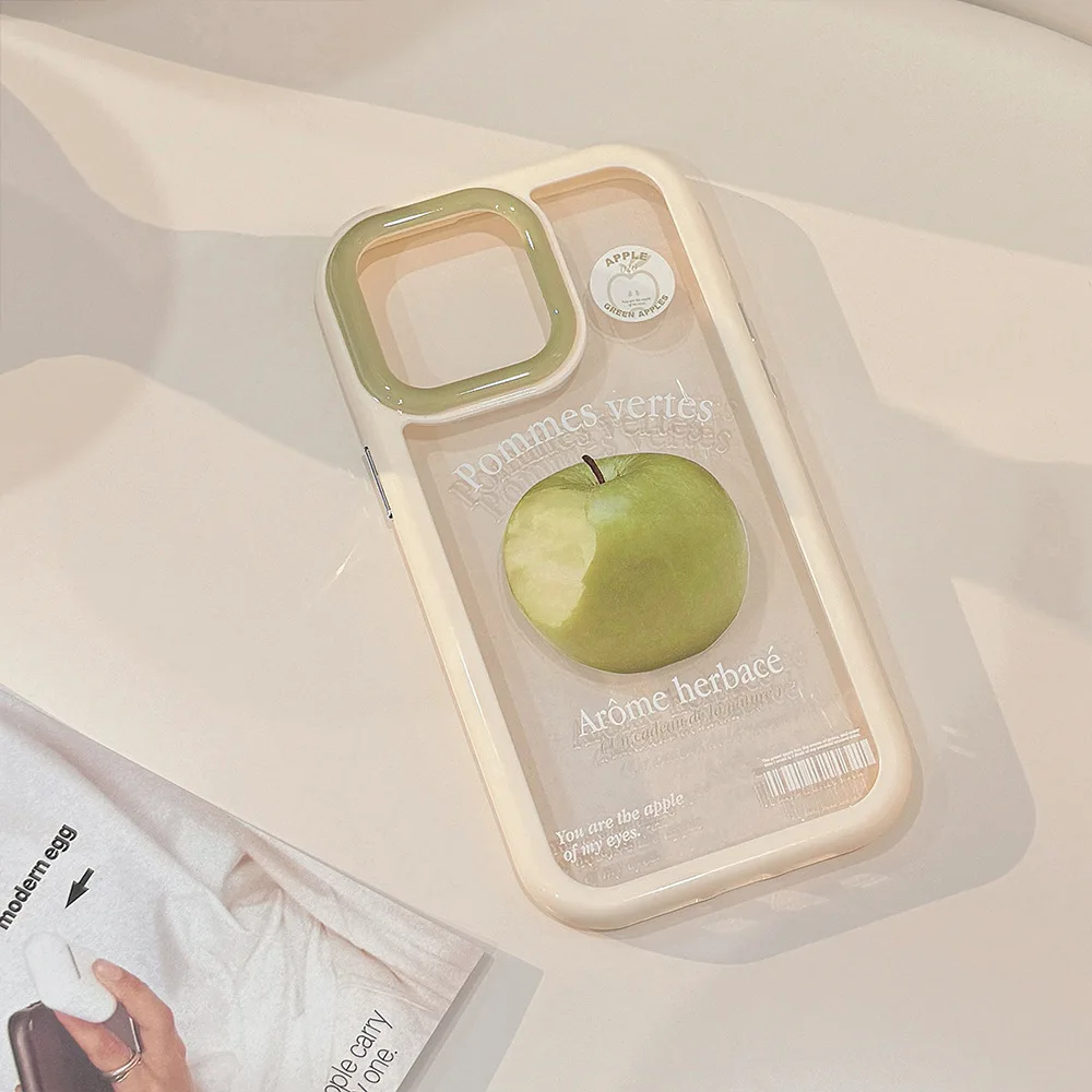 Korean Cartoon Green Apple Peach Magnetic Phone Case - Clear Shockproof Cover