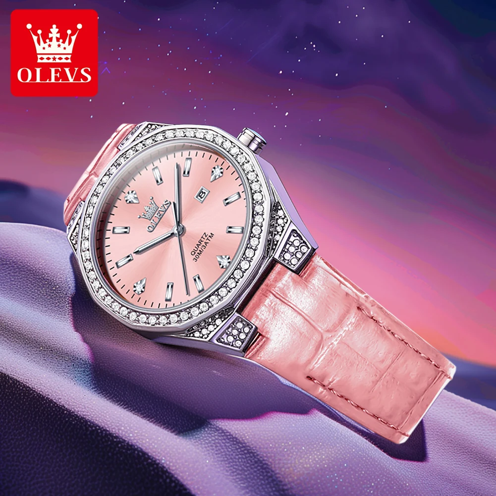 OLEVS 5606 Original Quartz Watches For Women Fashion Luxury Diamond Dial Auto Date Waterproof Leather Strap Ladies Wristwatches