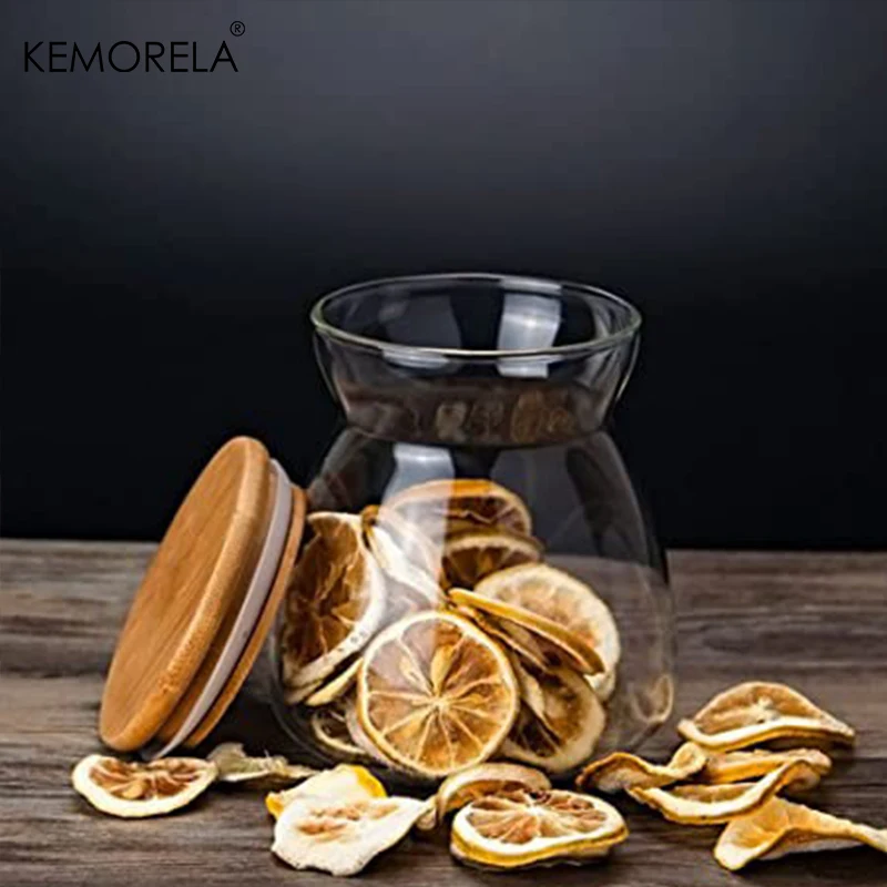 KEMORELA 1PCS Wood Lid Glass Airtight Canister Food Container Tea  Kitchen Storage Bottles Jar Sealed Grounds Jars Organizer 6