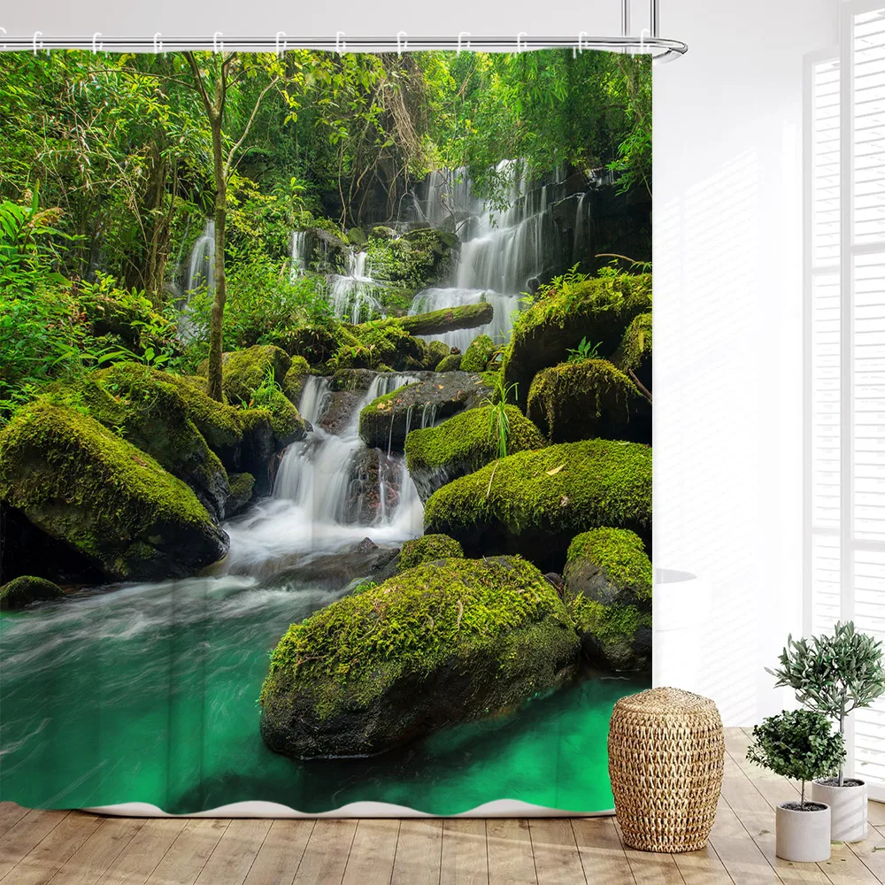 Forest Shower Curtain, Rainforest Nature Scenery Waterfalls Rivers Trees Deep Forest Green Prints Home Bathroom Decoration