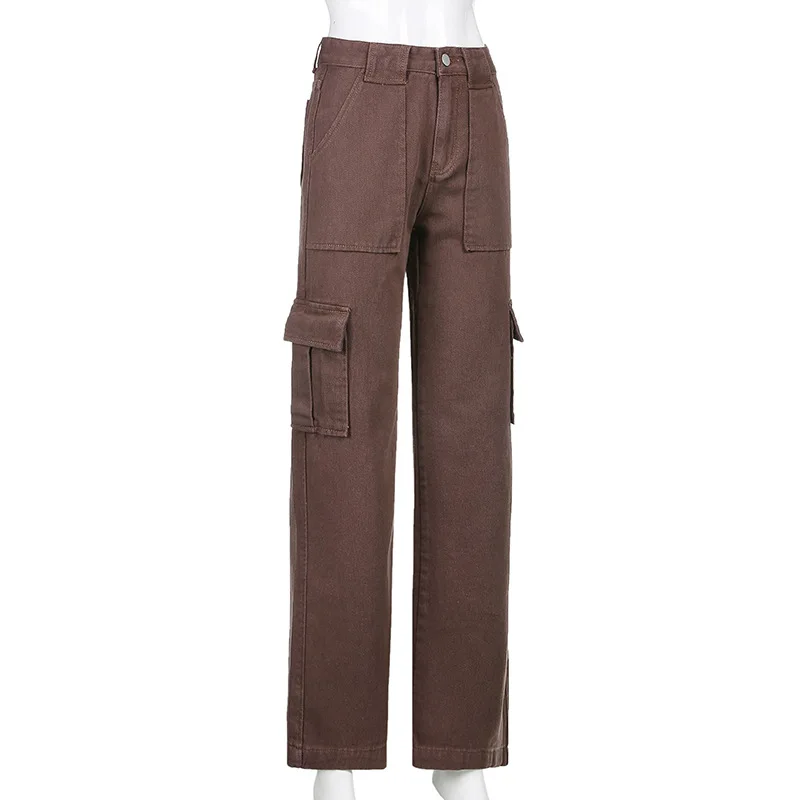 JMPRS Brown Vintage Y2K Jeans Baggy 90s Women Streetwear Pockets Wide Leg Cargo Denim Pants Low Waist Straight Trousers New jeans women