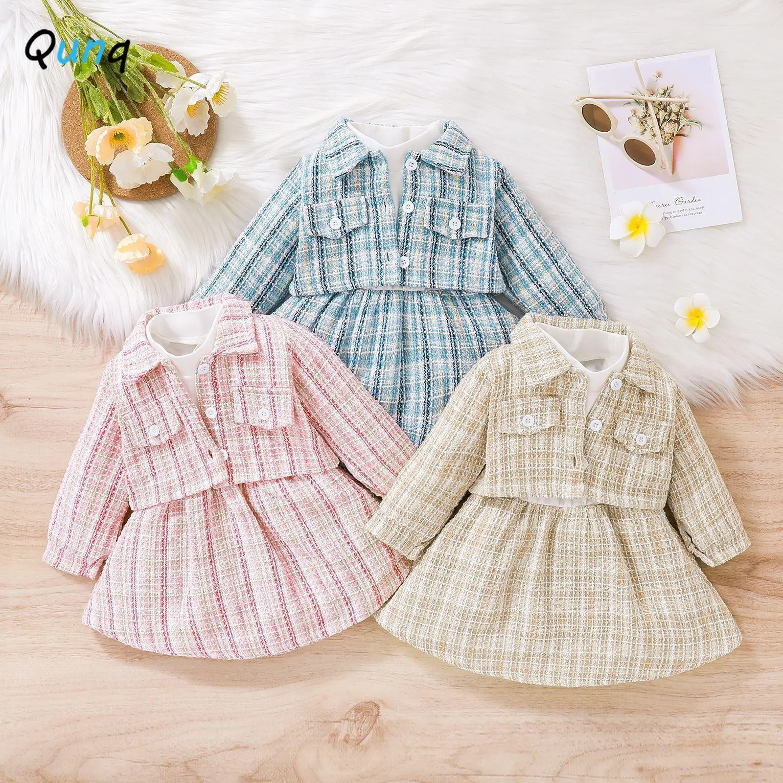 

Qunq 2023 Autumn New Girls Plaid Lapel Long Sleeve Coat And Pullover Top+Plaid Skirt 3 Pieces Set Casual Kids Clothes Age 3T-8T