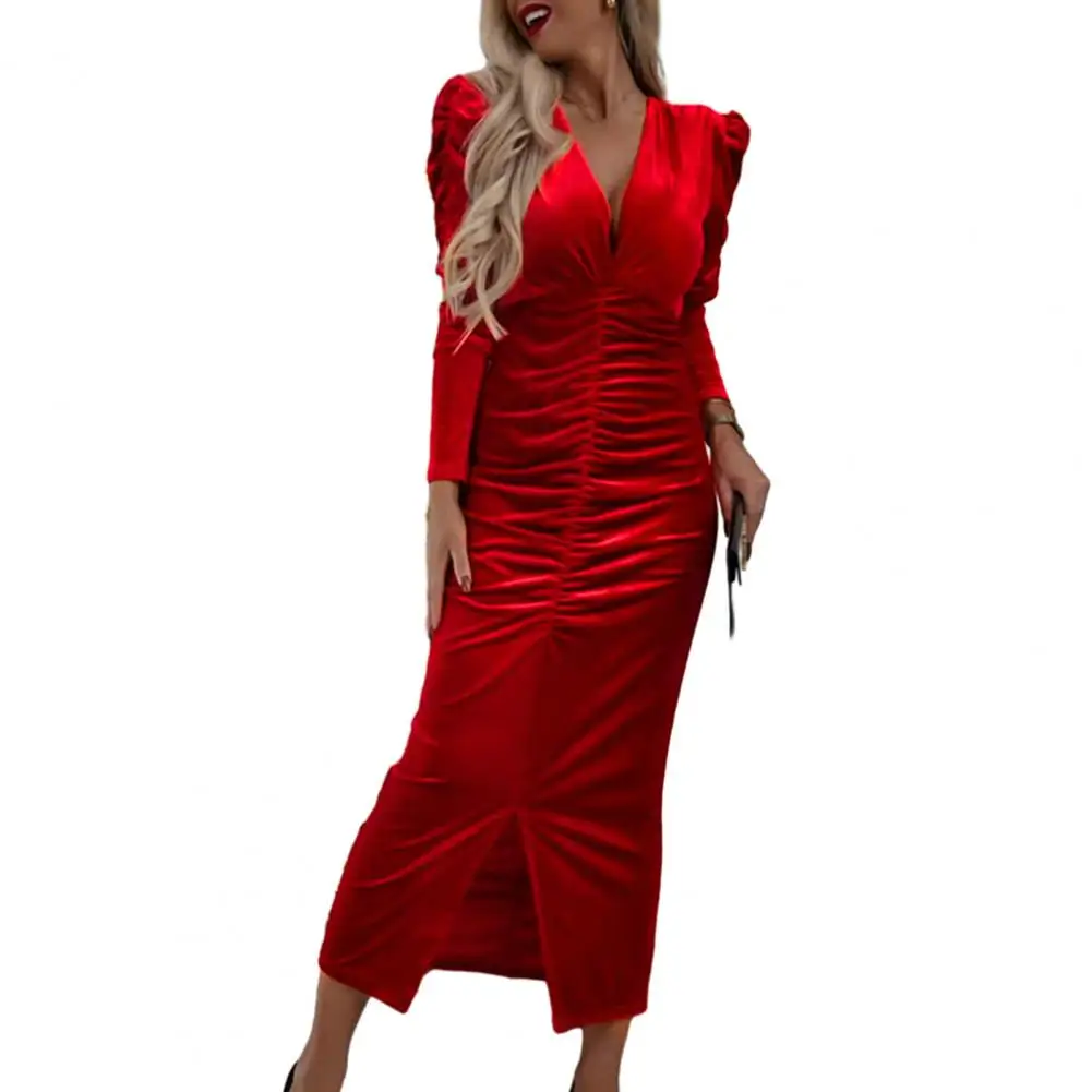 

Women Dress Deep V Neck Pleated Split Hem Long Sleeve Bubble Sleeve Slim Sheath Ankle Length Prom Party