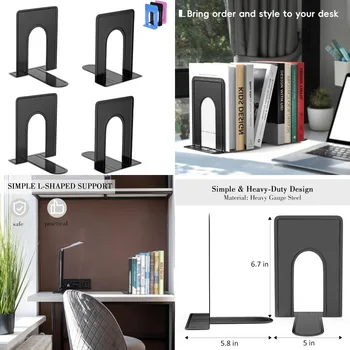 Heavy duty metal bookend supports with modern black finish ideal for home office school and shelf organization; includes 2 pair 1