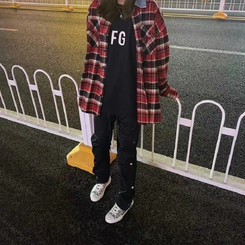 Kanye Vintage Cowboy Collar Plaid Shirt Men Streetwear Urban Oversize Casual Long Sleeve Checkered Shirts Outwear Unisex Clothes