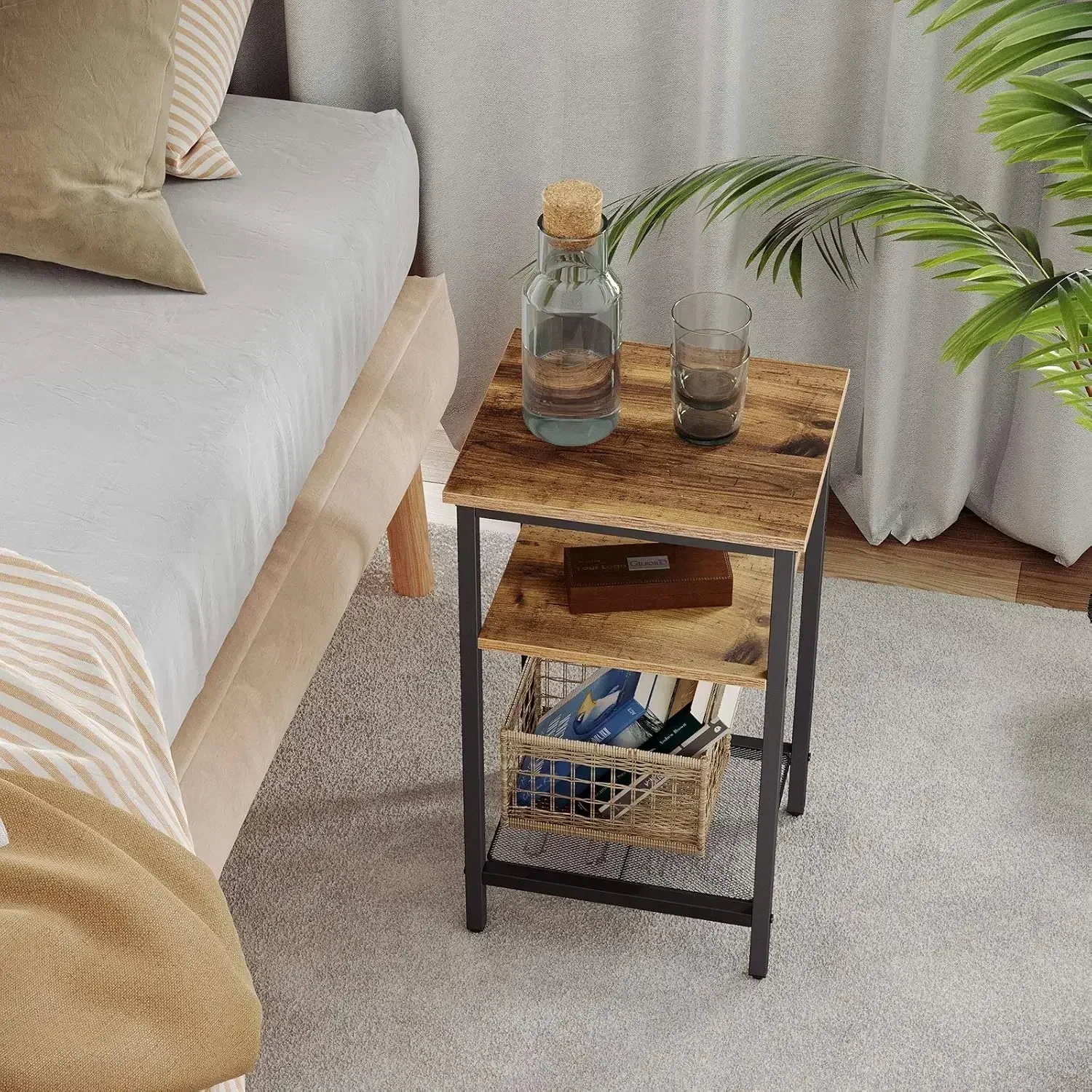 New2025-End Table Set of 2, 3-Tier Nightstands, Side Table for Small Space in Living Room, Bedroom, Steel Frame, Easy Assembly