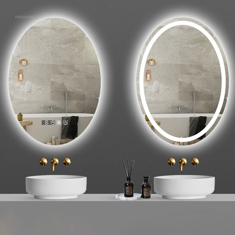 Oval Smart Bath Mirrors Touch Screen Anti-fog LED Light Bathroom Mirror Toilet Body Induction Wall-mounted Lighted Makeup Mirror