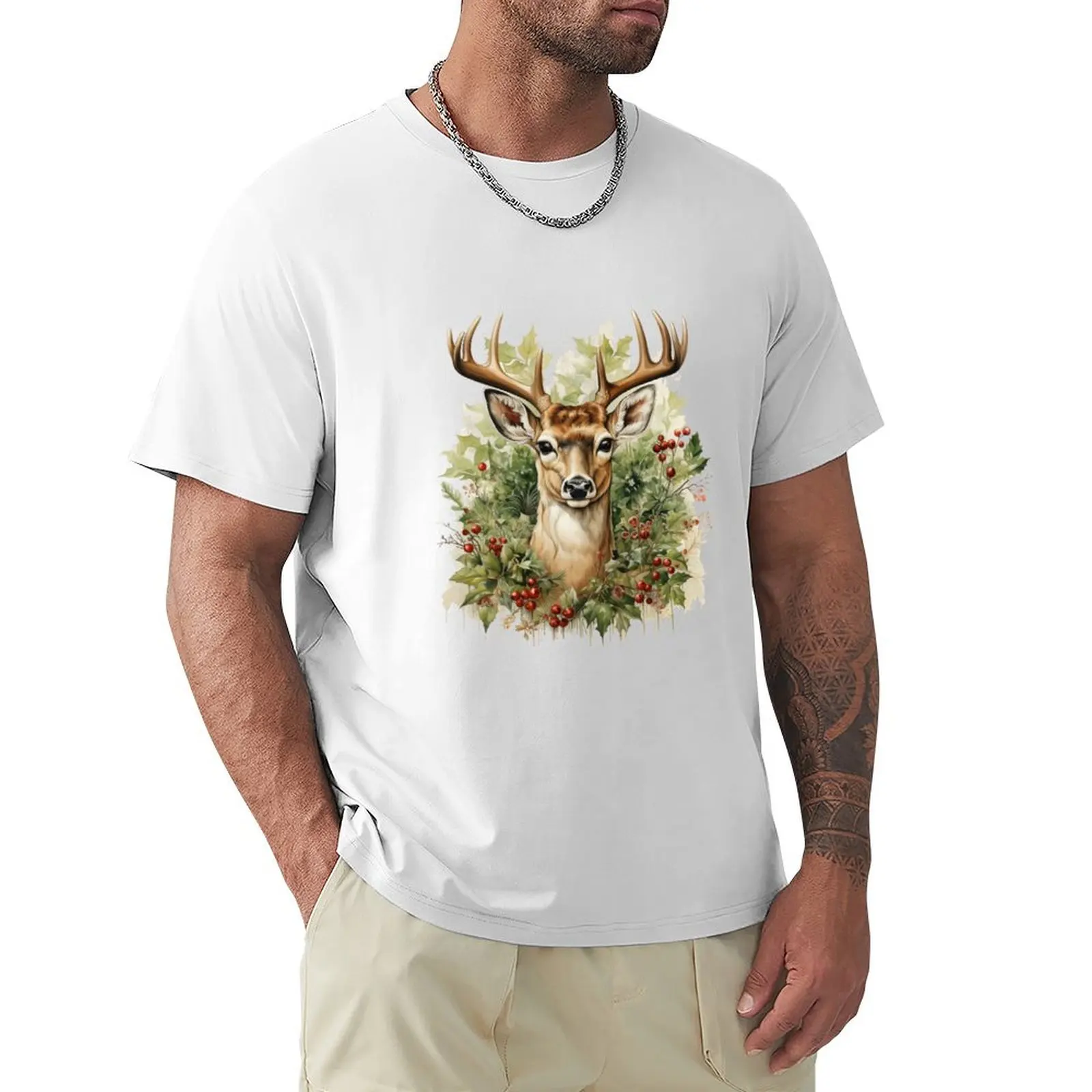

Winter Stag Christmas Print T-Shirt oversized anime sports fans Men's t-shirt