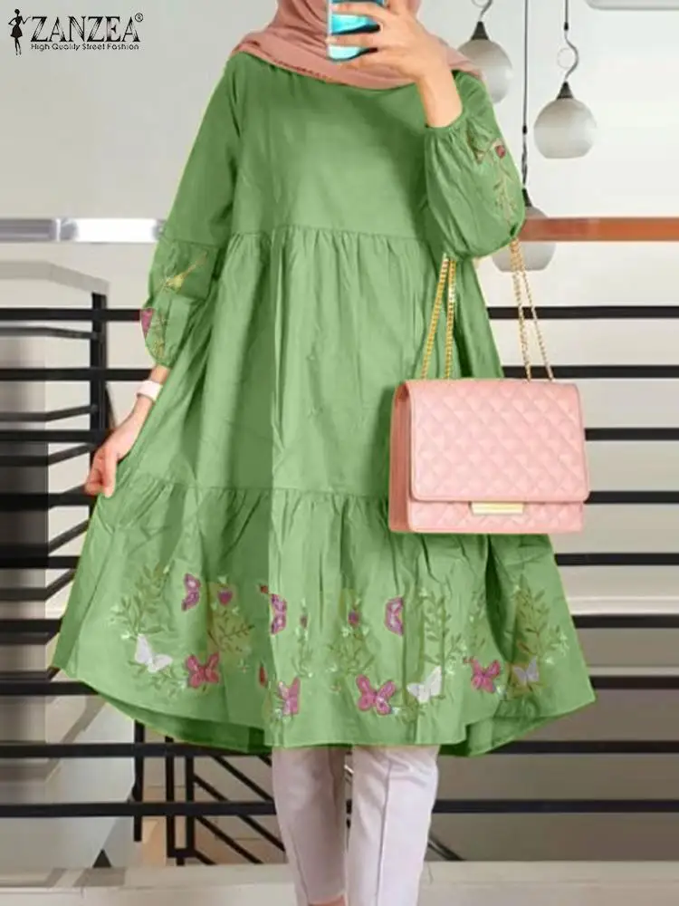 

ZANZEA Fashion Party Muslim Blouse Bohemian Floral Printed Tops Casual Puff Sleeve Shirt Female Elegant Ruffles Blusas Oversized