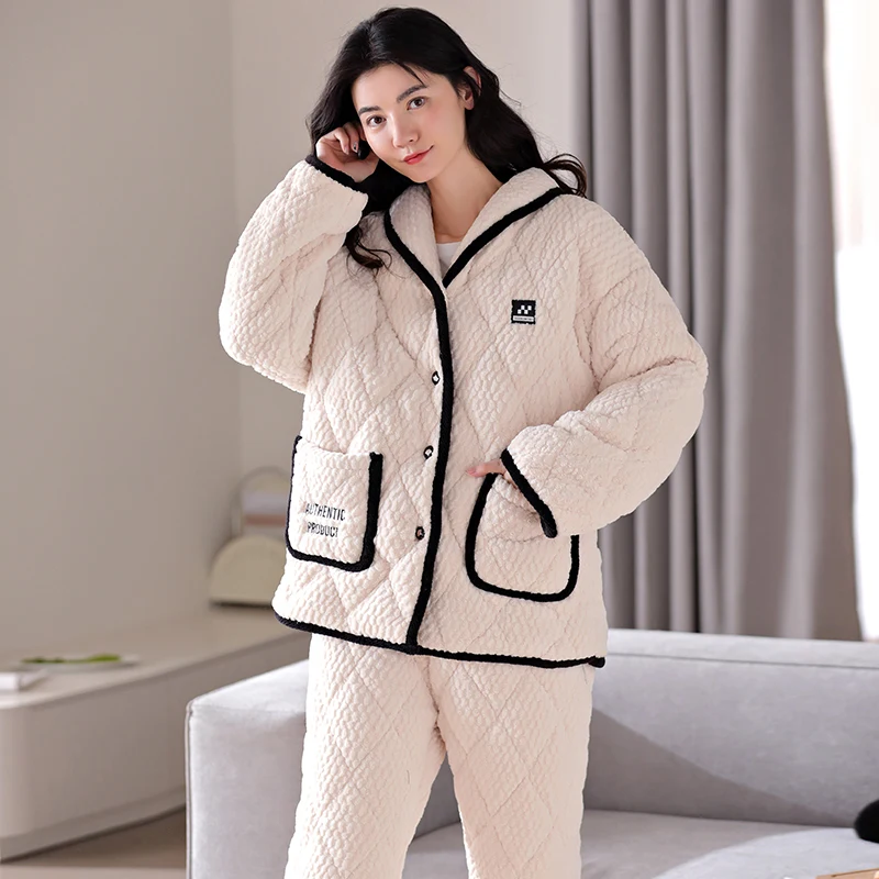 

High Quality Three-layer Clip Cotton Pajamas Women Flannel Quilted Sleepwear Female Warm Pijamas Mujer