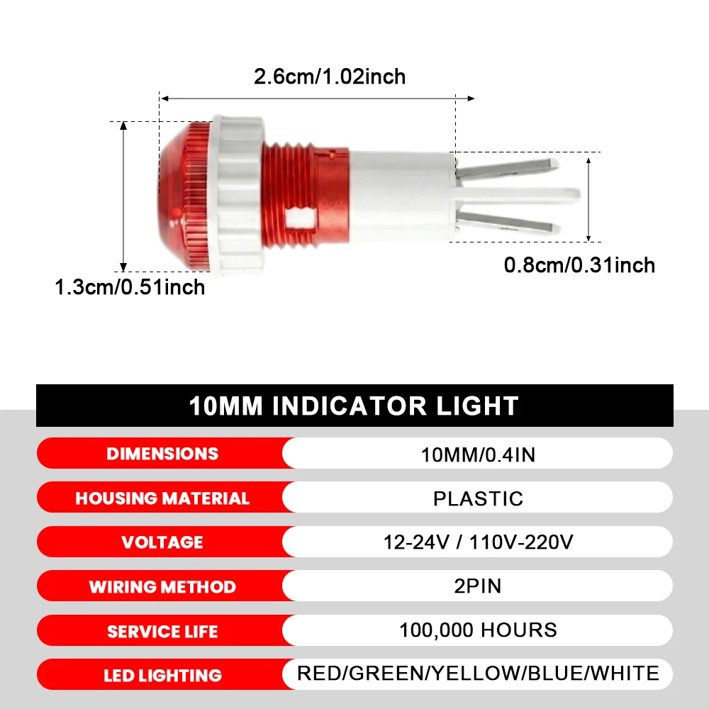 FILN 20PCS 10mm IP67 방수 경고 램프 LED 신호등 12-24V/110-220V 자동차 해양 산업 장비 제어 상자용
