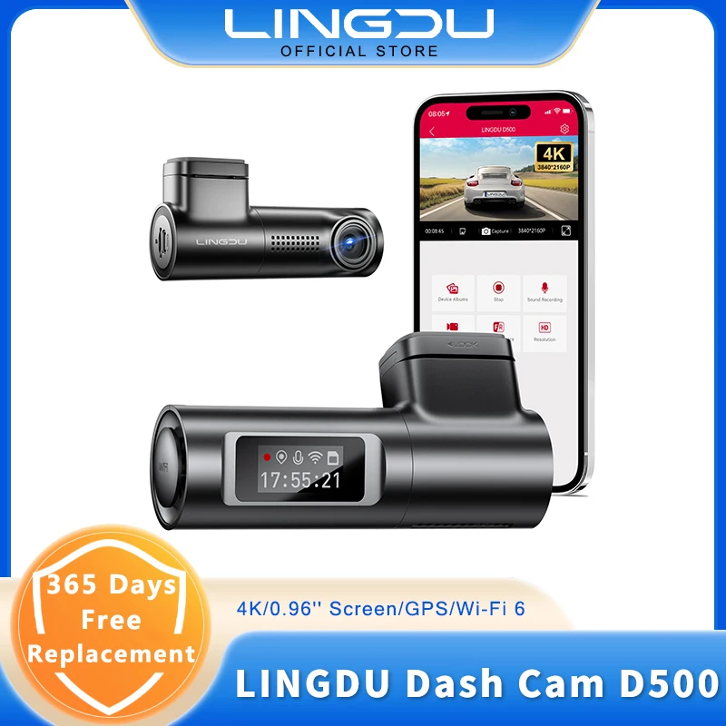 LINGDU Dash Cam Ultra HD 4K D500, 5GHz WiFi GPS voice control 24H loop recording car DVR