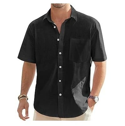 Men Summer European American Fashion Classic Comfortable Breathable Cotton Hemp Solid Color Short Sleeved Shirt