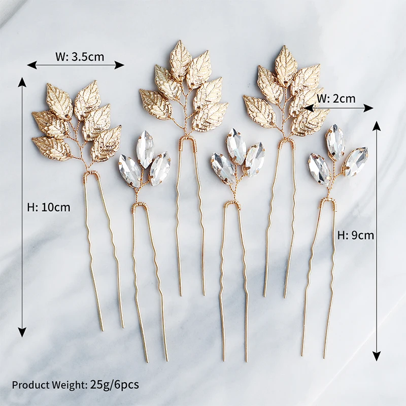 6pcs/lot Leaves Crystal Wedding Hair Pins Bridal Hair Clips Jewelry Accessories Headpieces for Women Hairpins