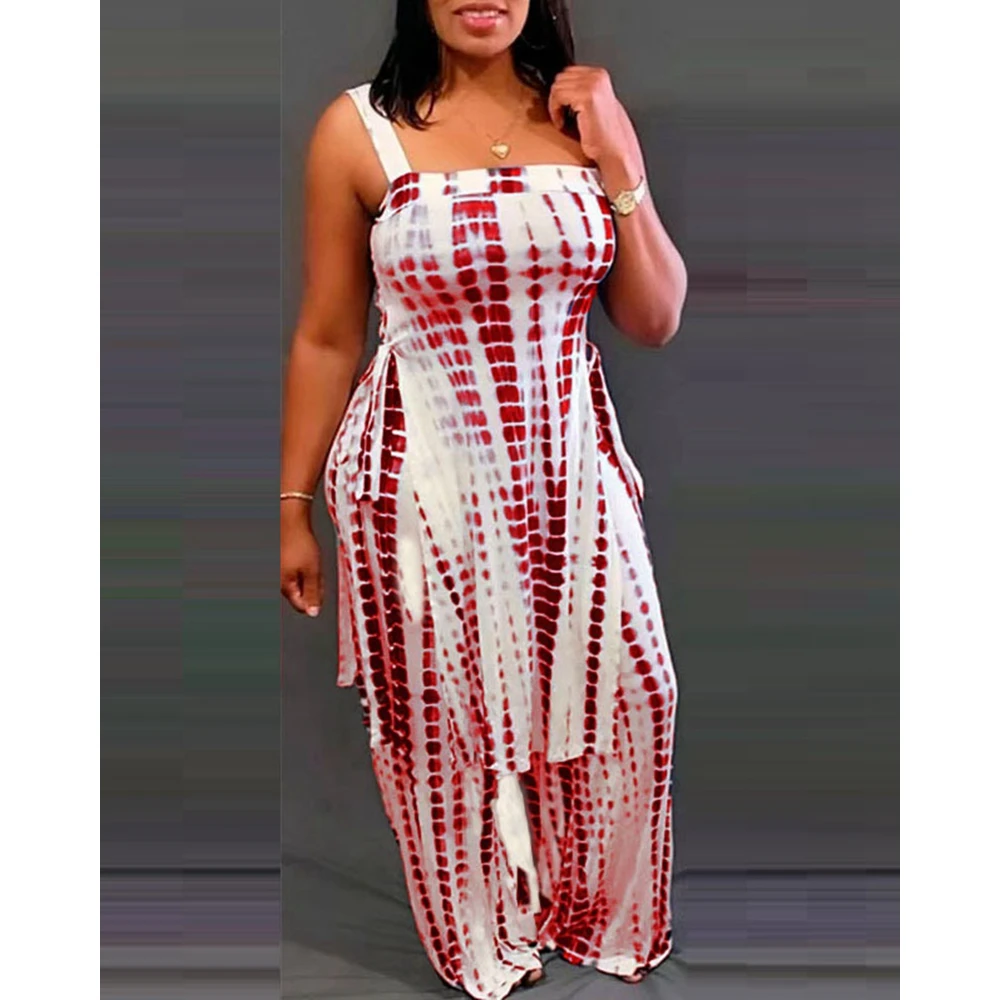 Summer Women Tie Dye Print Slit Asymmetrical Top & Wide Leg Pants Set Spring Casual Long Sleeve Two Pieces Homewear Casual