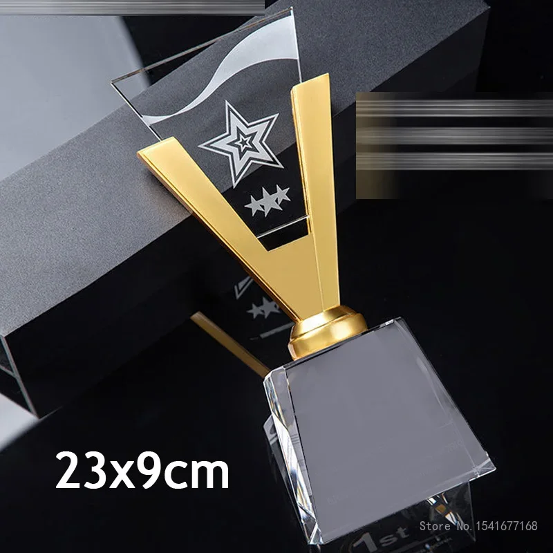 Customized V-shaped Crystal Trophy, Body Metal, Custom Gold, Silver Bronze, Annual Conference Award, Home Office Decoration, 1Pc