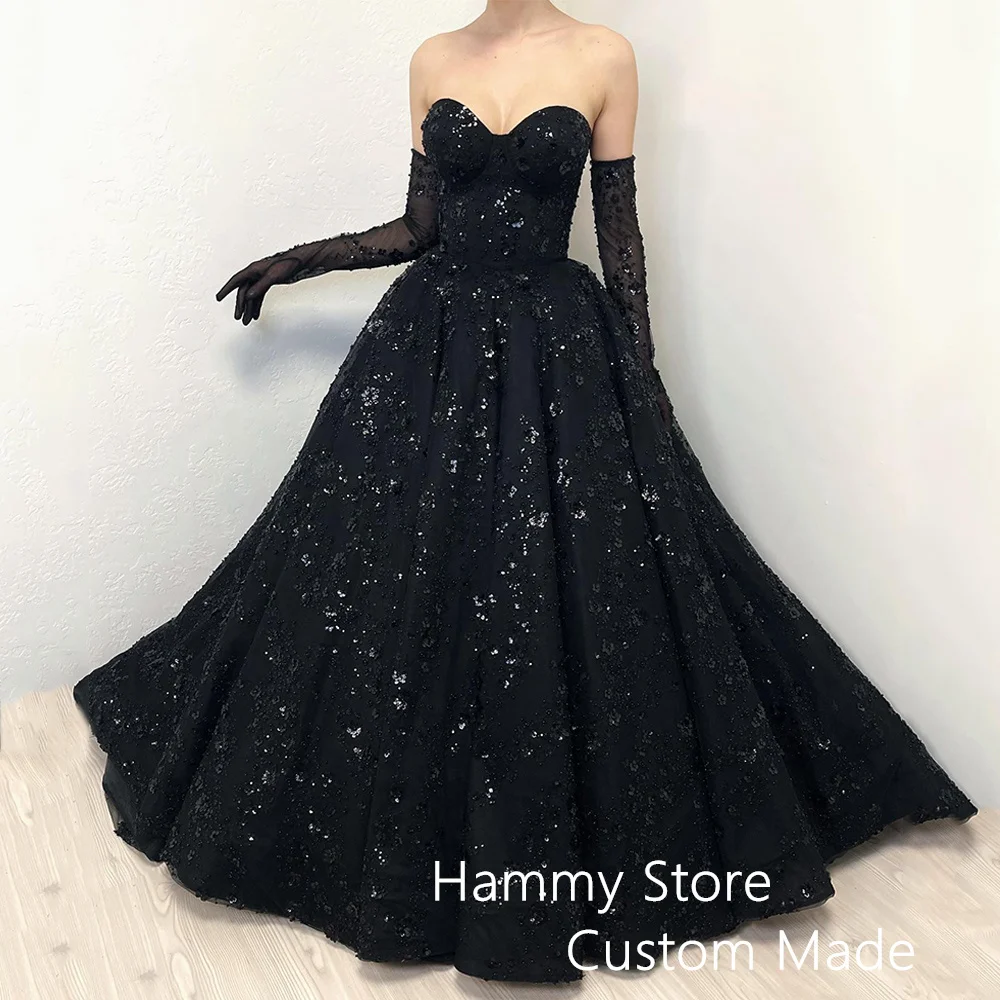 

Luxury Black Wedding Dress with Sequined Applique Sweetheart Sleeveless Court Train Corset Bridal Gown Gothic Bride Dresses