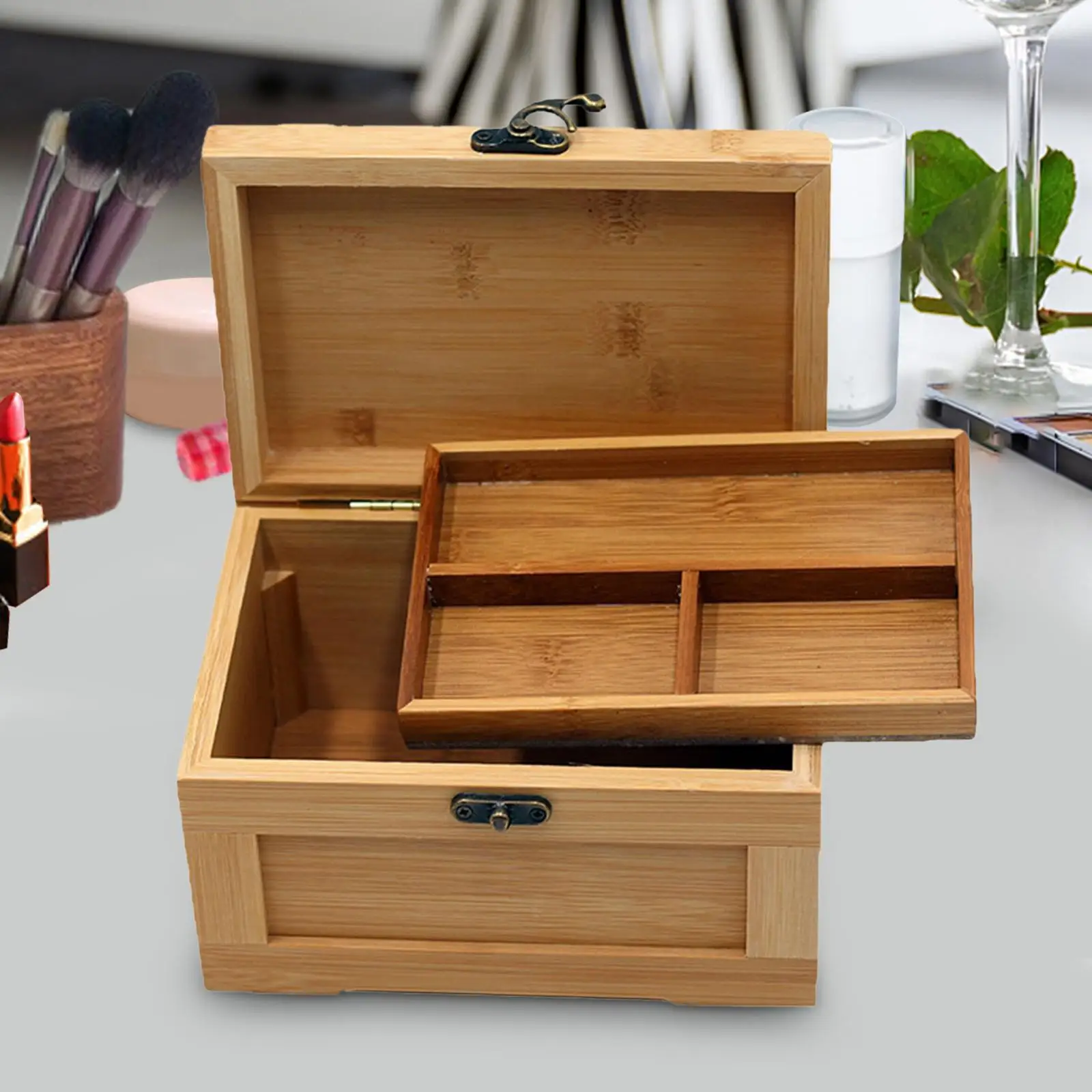 Wooden Jewelry Box Jewellery Chest Bamboo Rustic Container Organizer Jewelry