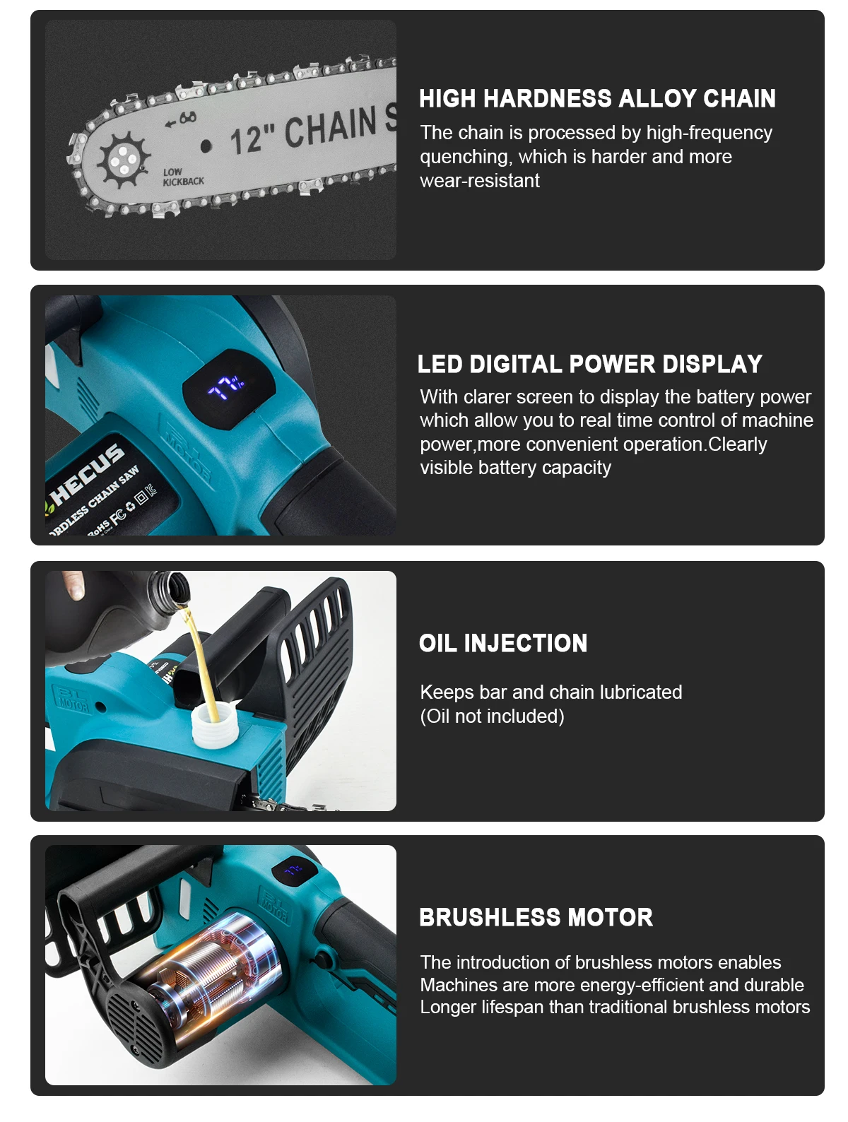 12 Inch Brushless Electric Chain Saw With Oiler Cordless Handheld Chainsaw Grade