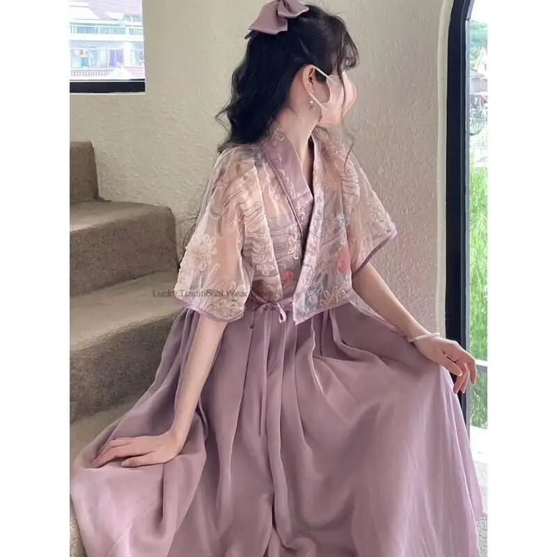 New Summer Chinese Ancient Style Improved Hanfu Fairy Dress Short Sleeve Casual Loose Style Women Chinese Retro Hanfu Set