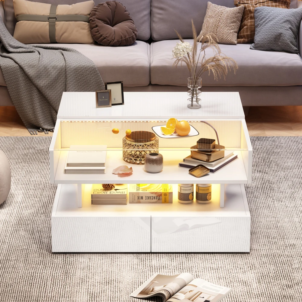 Hochglänzender Couchtisch, Wohnzimmertisch mit Schublade, Beistelltisch mit Schiebeplatte, Couchtisch mit großem Stauraum – Detail 17