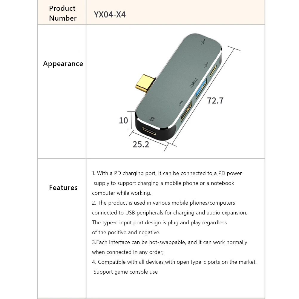 다기능 6 in 1 Type-C 허브 3.55mm 잭 PD100W USB3.0/USB2.0/USB3.1 HDMI 호환 USB 확장기