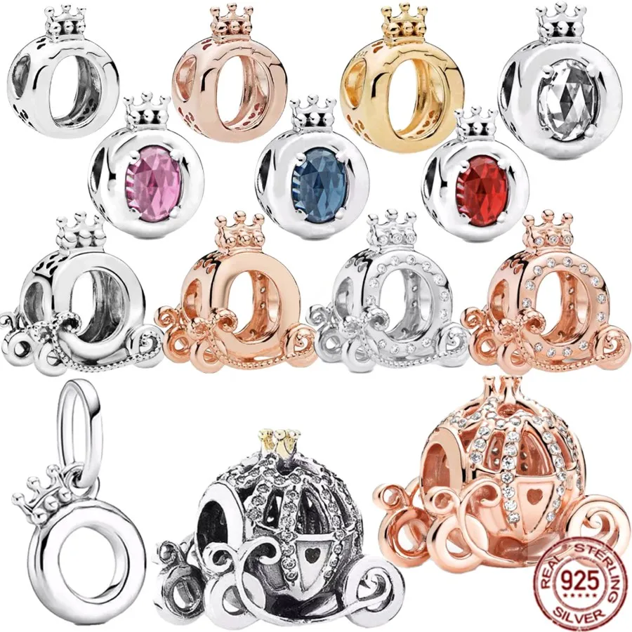 

Rose Gold Gemstone Beads The pumpkin carriage Crown O-ring 925 Sterling Silver DIY Charm Jewelry Fit Original Pandora Bracelet